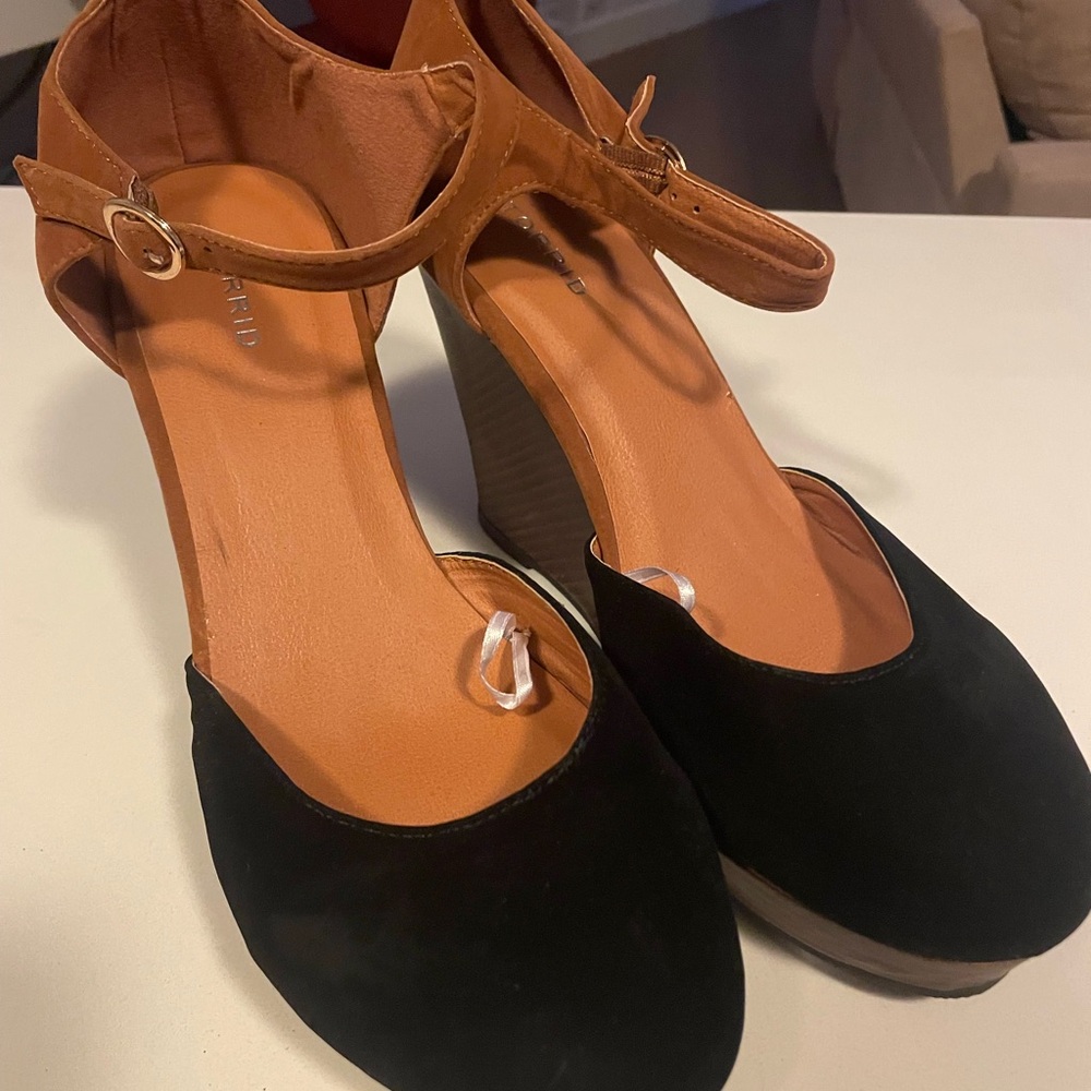 Torrid Black and Tan Wedge Shoes with Ankle Strap